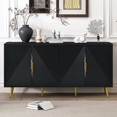 Sideboard Cupboard with Wave Geometric Pattern Doors, Storage Cabinet with Conical Metal Legs & Asymmetrical Metal Handles
