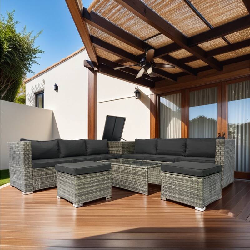 8 Pcs Patio L-Shaped Sectional Sofa Set, Outdoor Wicker Rattan Furniture Set with One Storage Box Under Seat and Coffee Table - Black+Grey