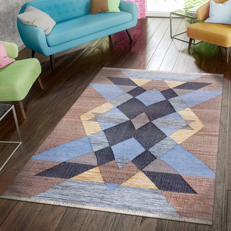 Sevita Hand-Woven Southwestern Jute-Blend Area Rug, Tan and Light Blue