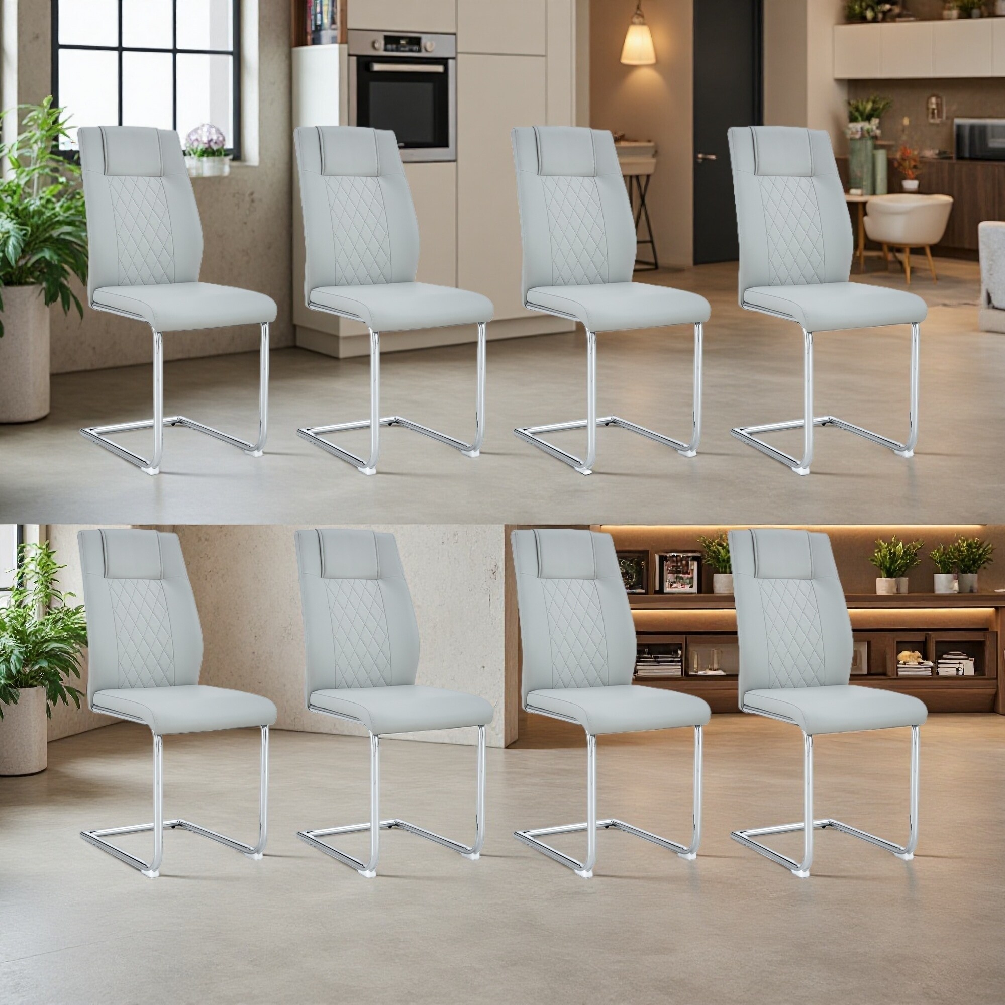 38"H Set of 8 Faux Leather Upholstered Dining Chairs with Metal Legs
