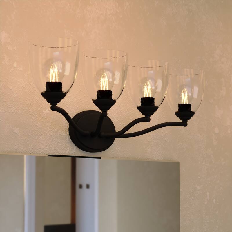 Bellwood Traditional Bathroom Vanity Wall Lighting Fixture, Glass Shade, Dimmable, LED Compatible, Over the Mirror Mount - Matte Black - 28-in W x 9.75-in H x 8-in D
