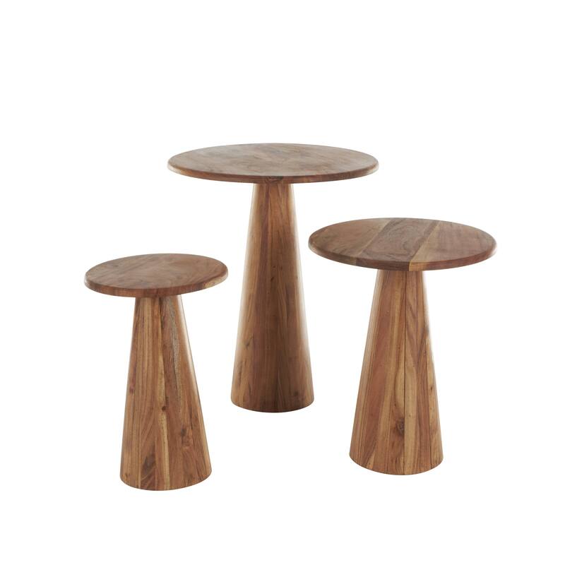 Brown or Light Brown Wood Side End Accent Table with Natural Wood Grains and Cone Shaped Bases (Set of 3)