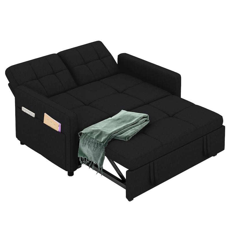 3-in-1 Sleeper Sofa with Iron Frame Pull-Out Bed, Linen Futon Couch with Reclining Backrest and Side Pocket