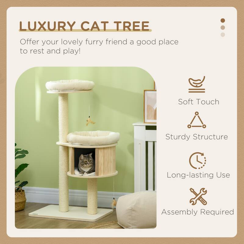 3-Level Cat Tree with Sisal Scratching Posts, Fun Cat Badminton Toy for Playing, Soft Cushions, & Play Areas - Natural