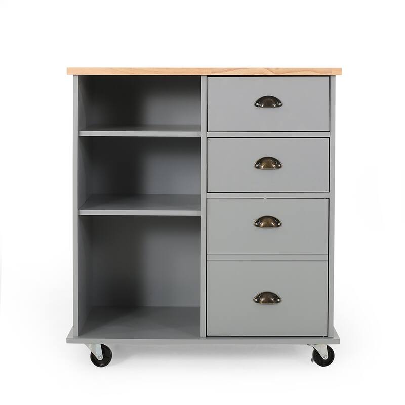 Kitchen Cart With Wheels, Modern Kitchen Island Cart With 2 Drawers, Door, 3 Shelves, Wood Top, Storage Cart