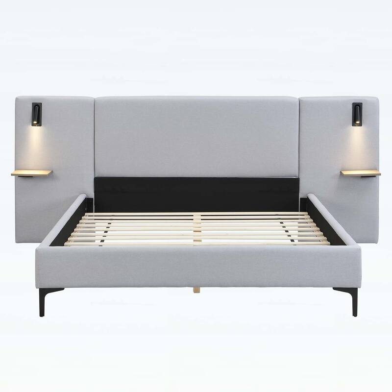 Chic Linen Upholstered Bed with Integrated Lights and Shelves