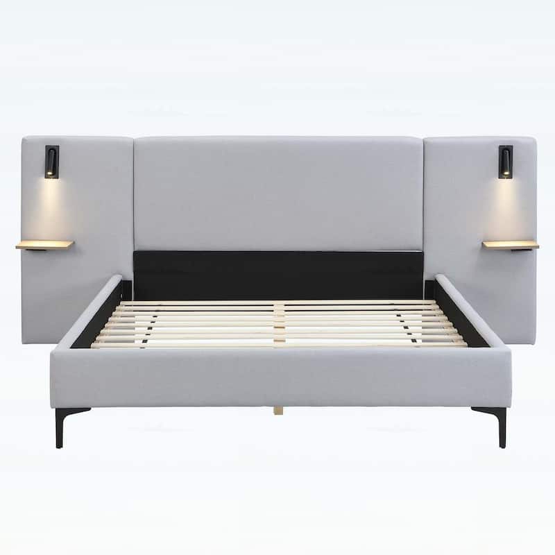 Modern Upholstered Bed with Integrated Lights and Shelves