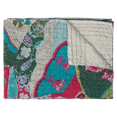 HomeRoots 50" X 70" Green and Pink Kantha Cotton Abstract Throw Blanket with Embroidery