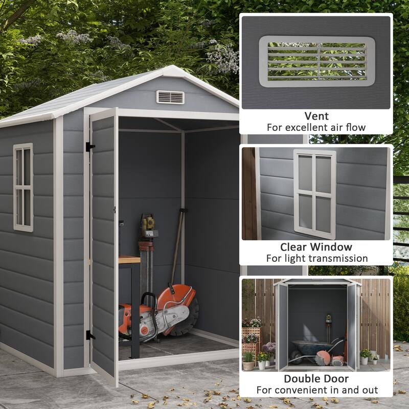 Outsunny Outdoor Storage Shed, 6' x 4.5' Garden Shed with Double Lockable Doors, Vent and Window, Plastic Utility Tool Shed