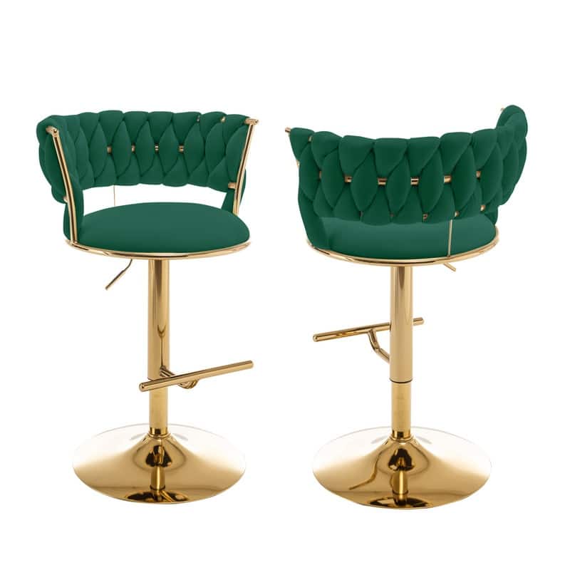 Best Quality Furniture Adjustable Velvet Barstools with Round Chrome Finish Base (Set of 2) - Emerald Green / Gold