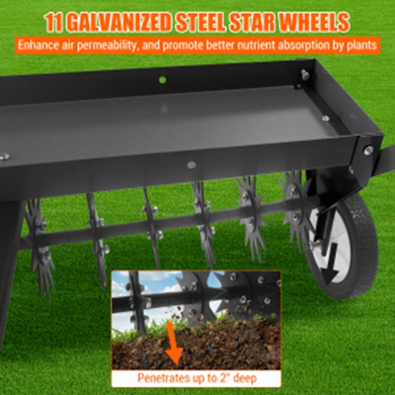 40-Inch Tow-Behind Lawn Aerator Heavy-Duty Steel Teeth Adjustable Handle & Transport Wheels Orange