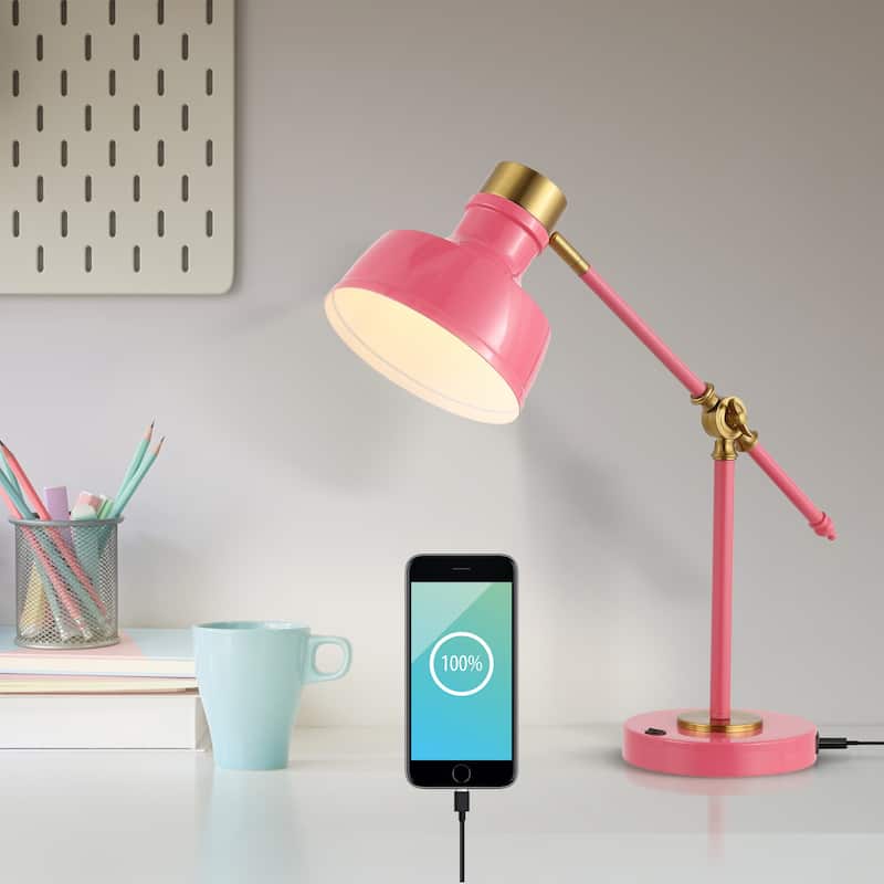 Odile 18.5" Classic Farmhouse Adjustable Cantilever LED Task Lamp with USB Charging Port, by JONATHAN Y