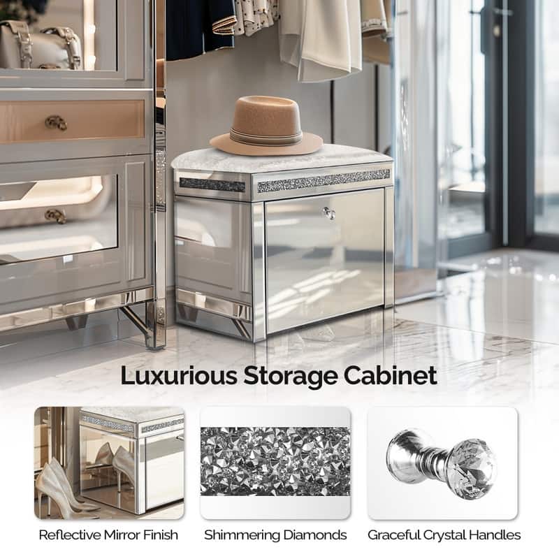Pre-Assembled Mirrored Shoe Storage Bench with Flip Drawer Silver