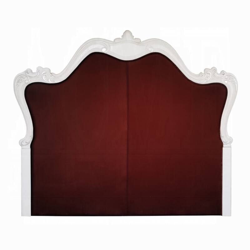 Sicily King Bed, Classic White Carved Frame, Tufted Gray Faux Leather
