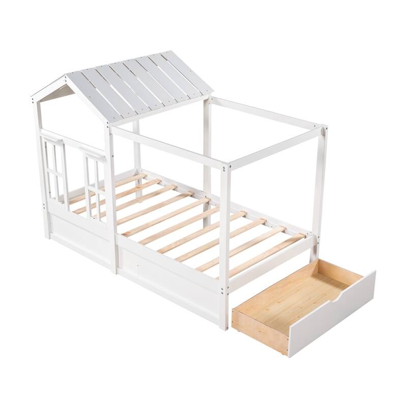 Merax House Bed with Roof, Window and Drawer