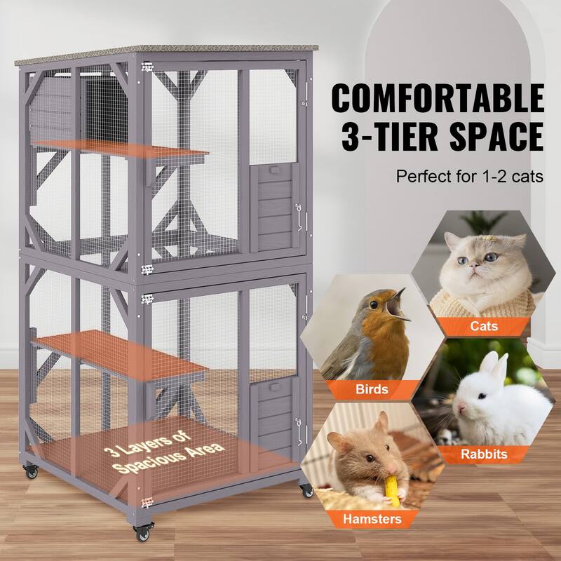 VEVOR Cat House Outdoor 3-Tier Large Catio on Wheels 64.1 in with A Resting Box