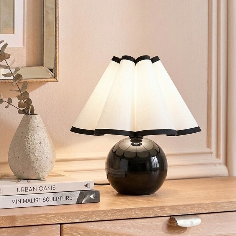 Brightech Blair 10.08 in. Polished Black Midcentury LED Globe Bedside Desk Table Lamp with White Cotton Empire Shade