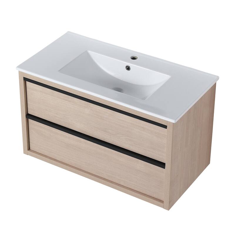 Wall-Mounted Plywood Bathroom Vanity Set in Plain Light Oak with Integrated Sink