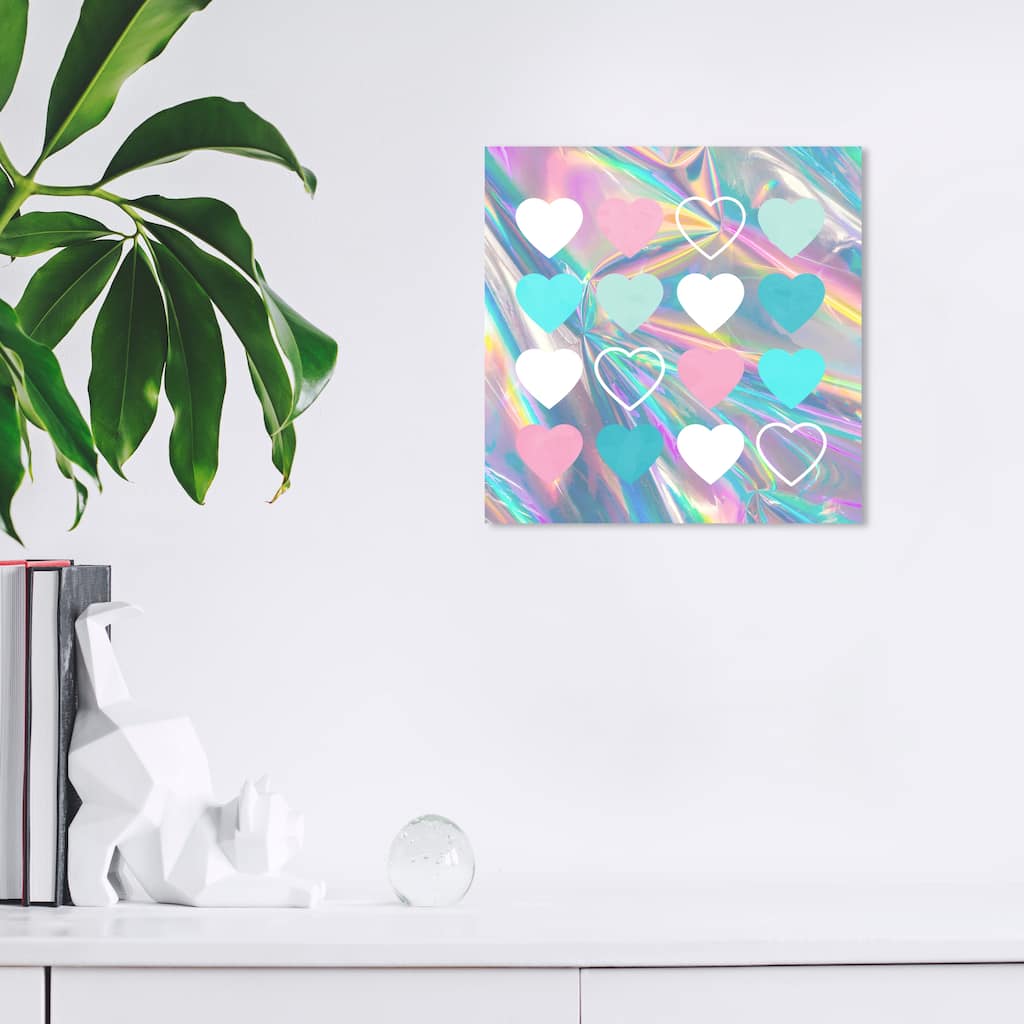 Wynwood Studio Canvas Fashion and Glam Holo Hearts Pink and Turquoise Modern & Contemporary Wall Art Canvas Print