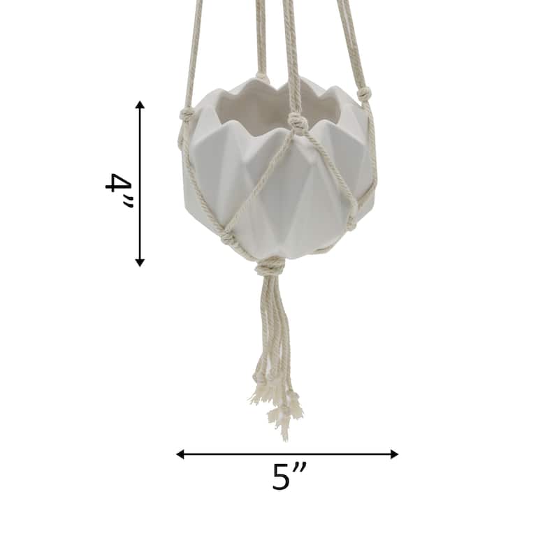 5 x 5" Ceramic Macrame Hanging Planter (Matte White)