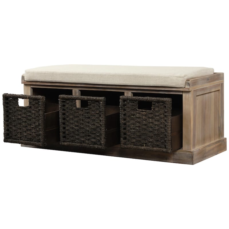 Rustic Storage Bench with 3 Removable Rattan Baskets and Cushion, Entryway Bench with MDF Frame, No Assembly Required