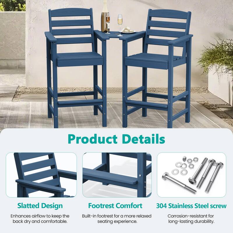 HDPE 2-Piece High Bar Stool Set with Umbrella-Compatible Connecting Panel