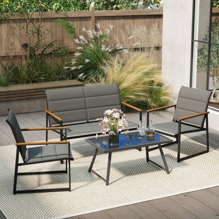4 Piece Grey Metal Fabric Conversation Patio Set with Glass Table and WPC Armrests - Loveseat: 28" x 26" x 33"