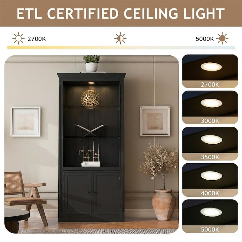 78.75" Farmhouse Display Shelf with Dimmable Ceiling Light, Adjustable Glass Shelves & Doors