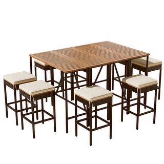 10 Piece Acacia Wood Outdoor Bar Height Table and Stools with Cushions, All Weather PE Wicker Dining Table, Foldable Tabletop