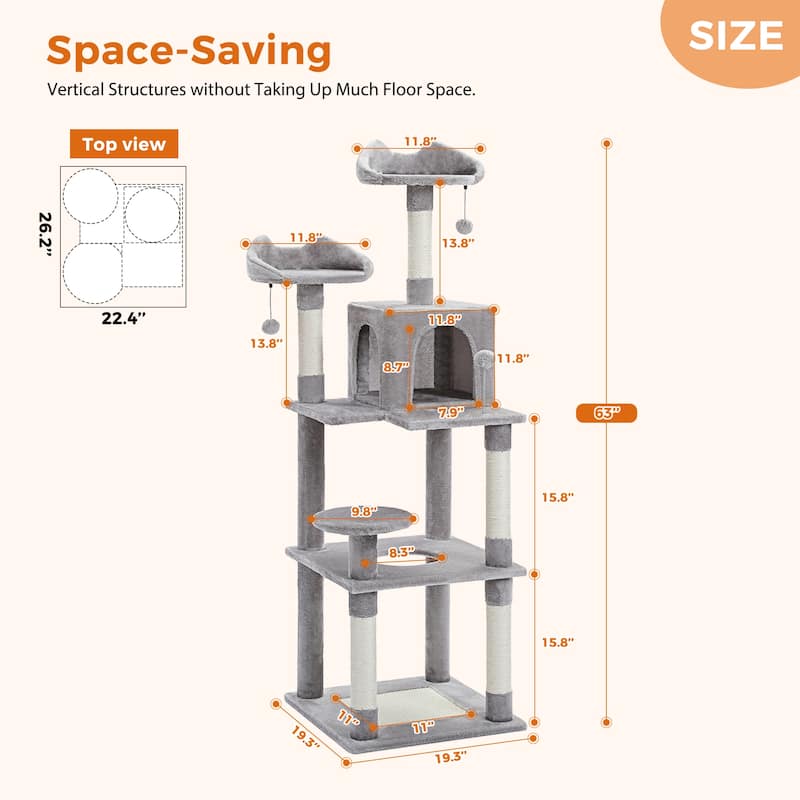 63" Indoor Large Cat Tree Cat Tower with Scratching Pad and Cozy Condo