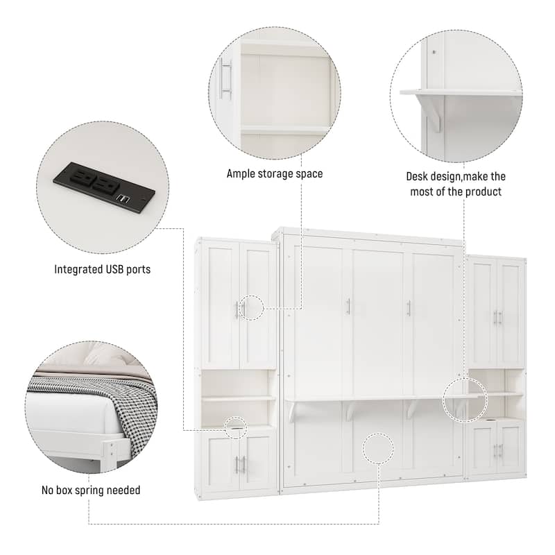 Queen/Full Size White Murphy bed with side cabinets and storage shelves