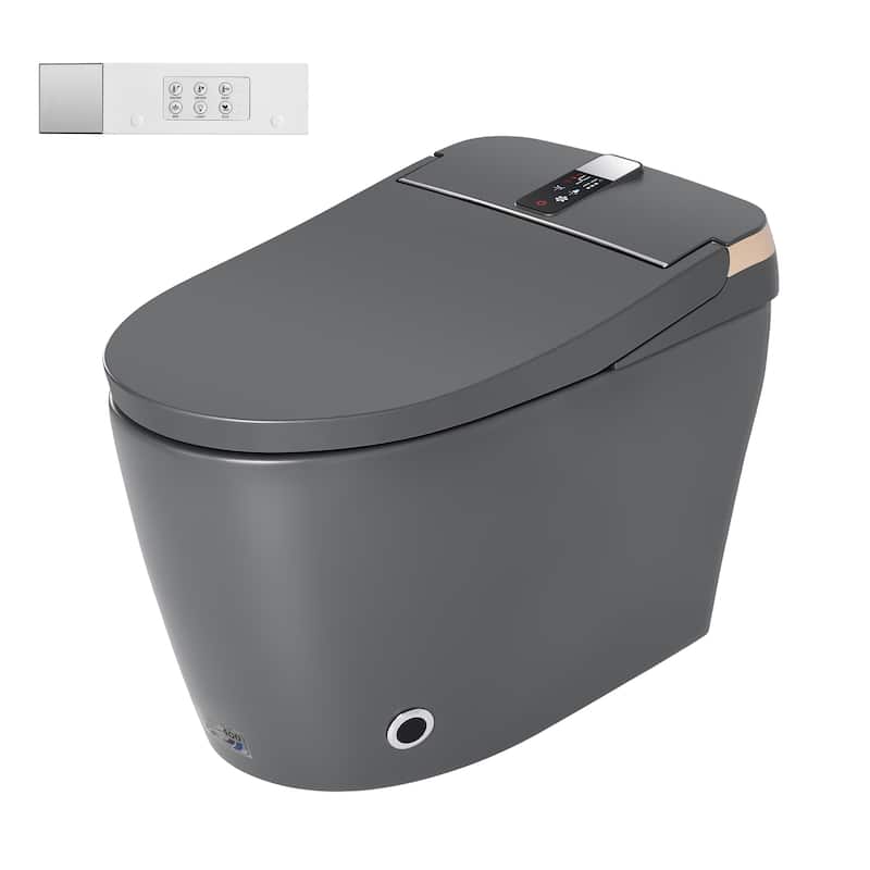 Elongated Smart Toilet with Bidet Wash, Heated Seat, Warm Air Dry, Remote Control, Auto Flush, LED Display - Grey
