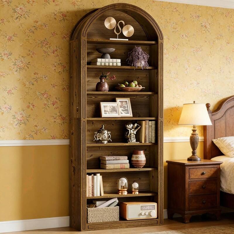 8-Tier Arched Bookshelf with Two-Tone Finish, Sturdy MDF Bookcase with Closed Back for Living Room, Study, or Kitchen