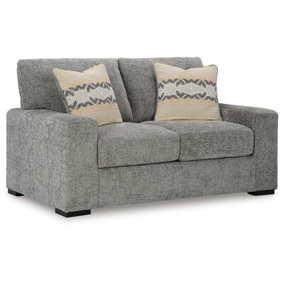 Mord Loveseat, 71 Inch Soft Light Gray Polyester, 2 Throw Pillows