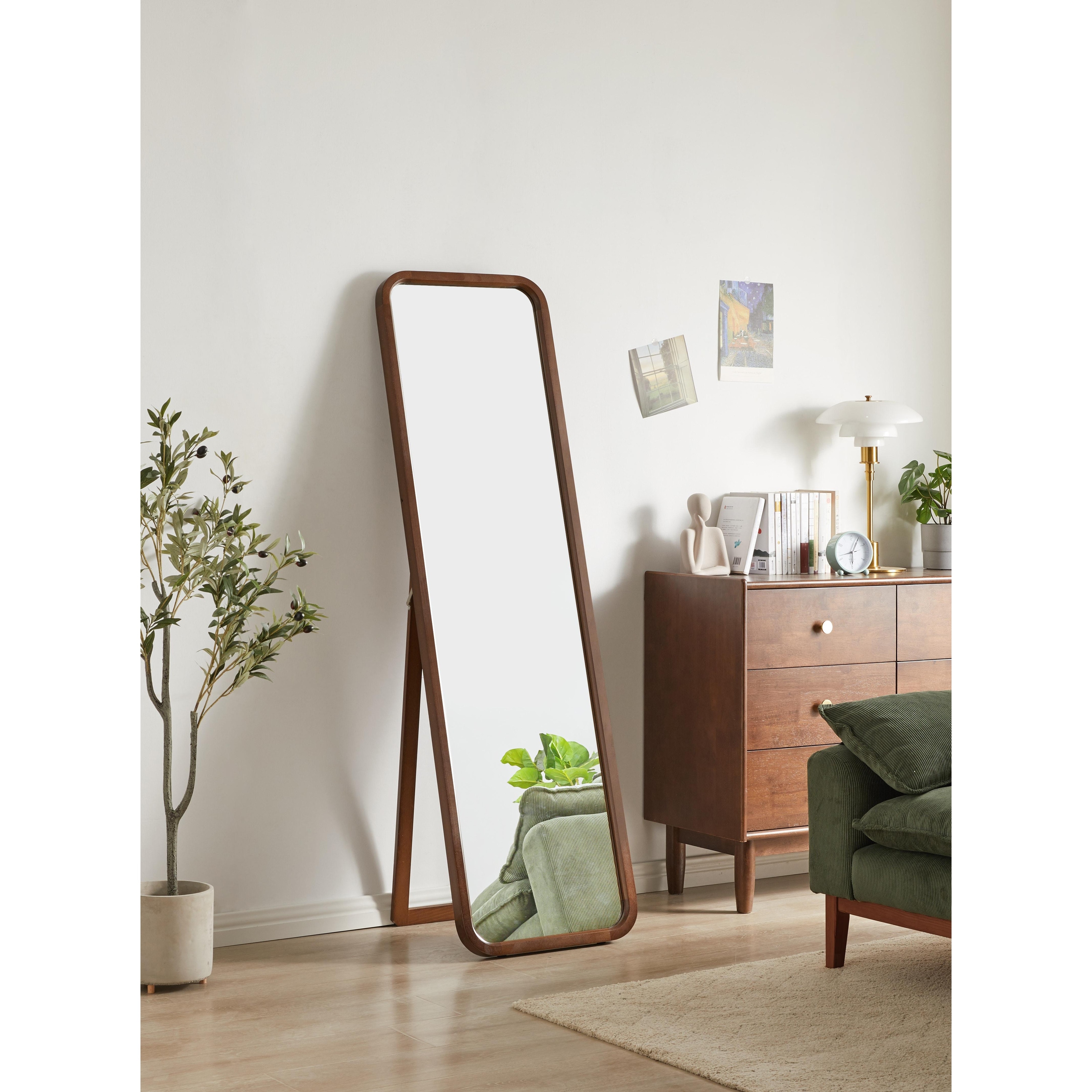 Full Length Mirror, Solid Beech Wood Frame Floor Mirror, Freestanding Mirror with Stand, Large Body Mirror for Bedroom