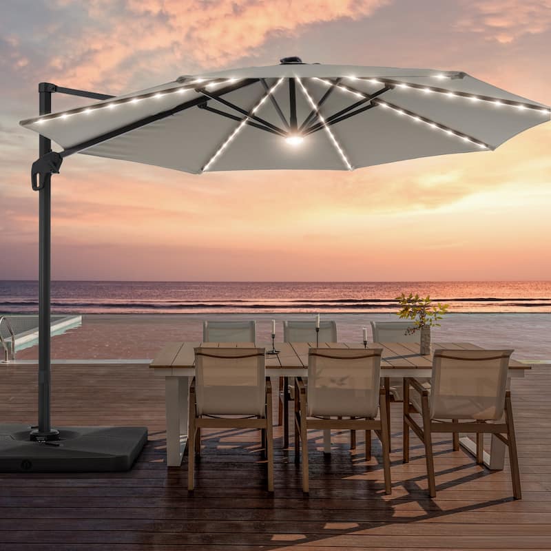 LIVOOSUN 11FT LED Round Patio Cantilever Umbrella With a Base - Grey