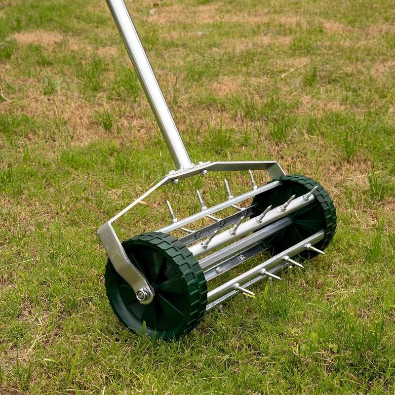 Anmytek Heavy Duty Rolling Lawn Aerator with Sharp Metal Spikes, Premium Galvanized Steel Frame - Silver - ABS/Steel