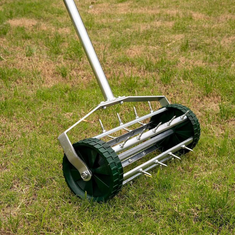 Rolling Lawn Aerator, Rotary Push Tine Spike Soil Gardening Tool, 3-Piece Long Steel Handle - 16"W - Green