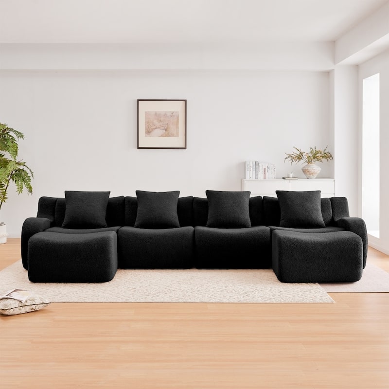 148" Premium Teddy Fabric U-shaped Modular Curved Armrests Boneless Sofa Set