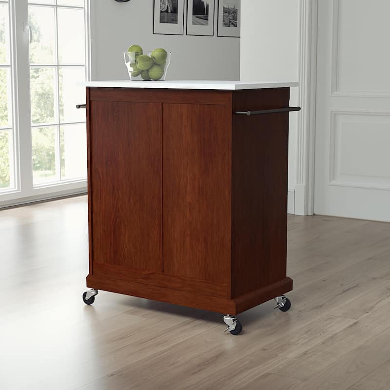 Compact Stone Top Kitchen Cart in Mahogany and White with Adjustable Shelf, Storage Drawer, and Towel Bars