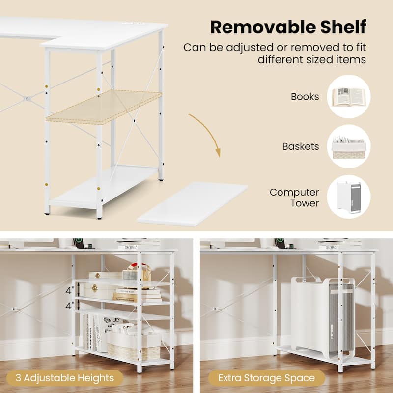 L-Shaped Engineered Wood Corner Desk with Charging Ports and Shelves