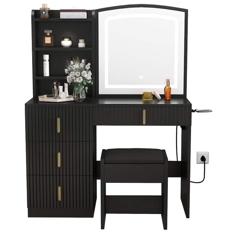 Moasis 39" Wide Makeup Vanity Set with Stool and 3 Color Sliding Mirror - Black