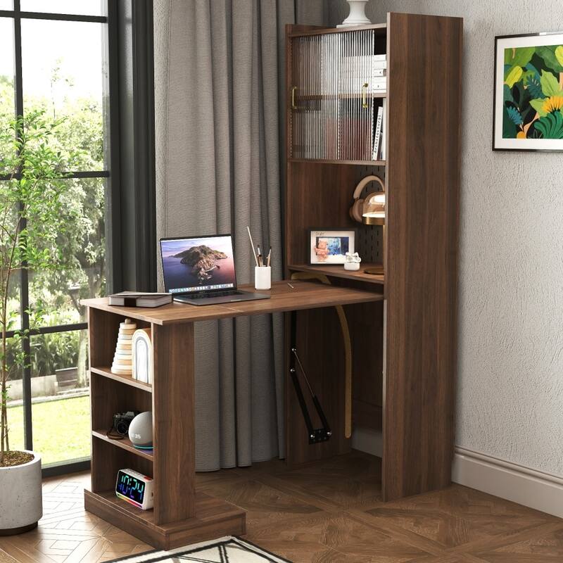 68.11"H Foldable Computer Desk Writing Study Table with Storage and Glass Doors - Walnut