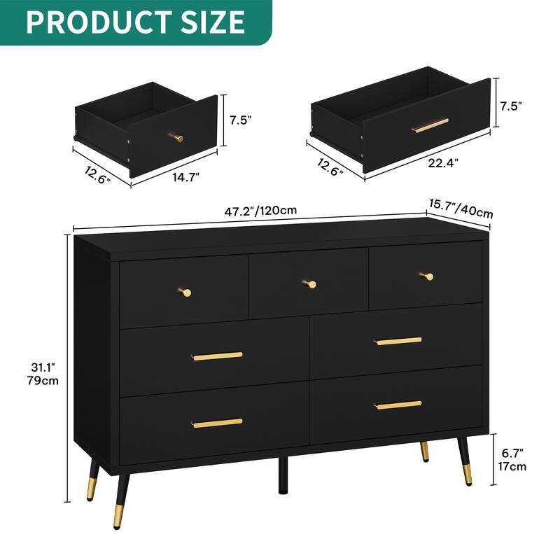 Black 7-Drawer Dresser Chest,Modern Storage for Bedroom or Living Room
