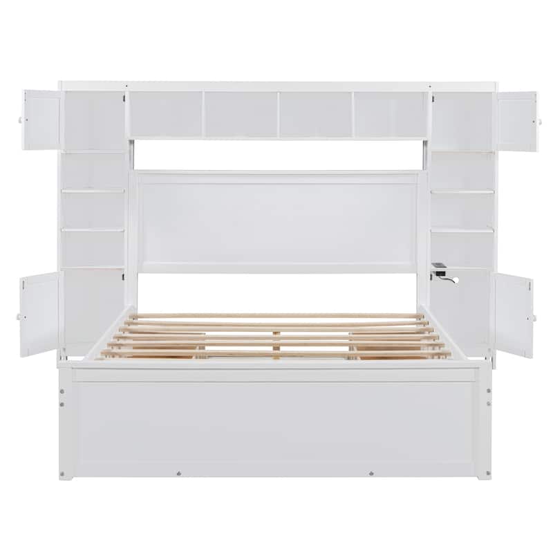 Queen Size Wooden Bed with Built-in Outlets, Storage Drawers, and Shelves, White