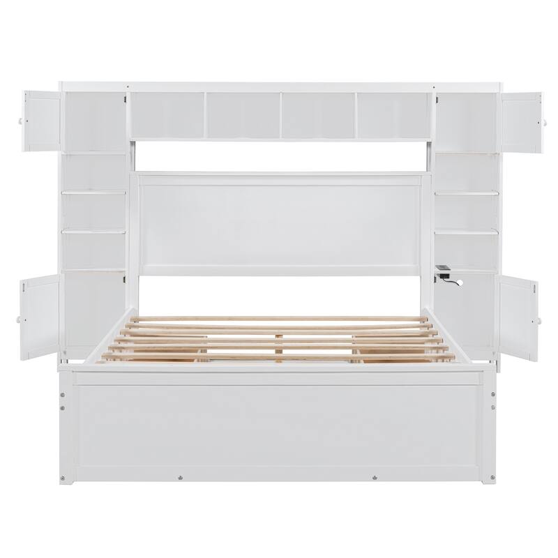 Wooden Platform Bed with Cabinet, Shelves, and Drawers