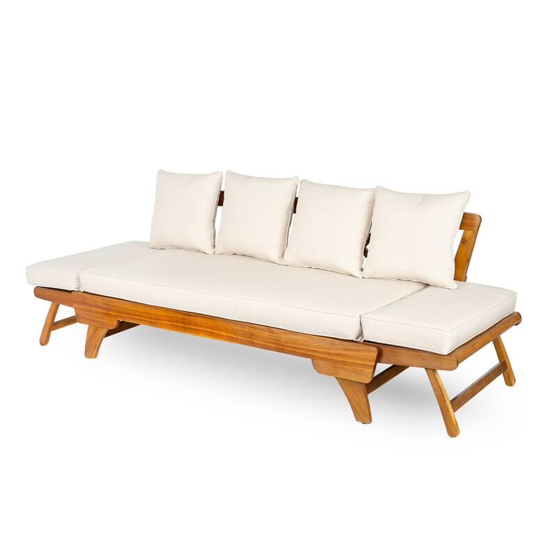 Roomfitters Outdoor Patio Daybed Sofa with Foldable Armrests, 3-Seat Acacia Wood Frame, Removable Beige Cushions