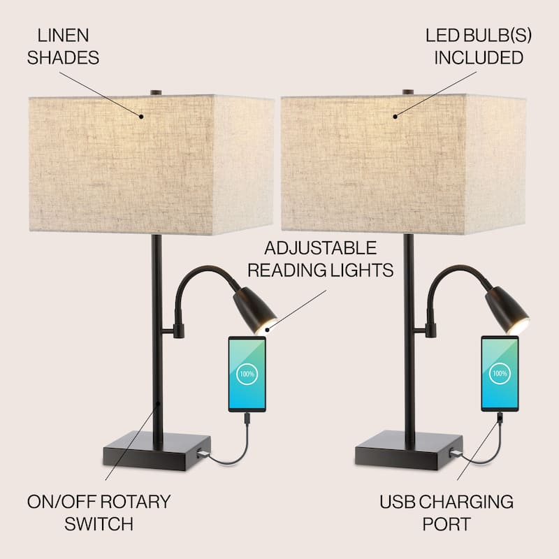 Sabrina 25.5" 2-Light Farmhouse Industrial Iron LED Table Lamp with USB Charging Port and Adjustable Light, by JONATHAN Y