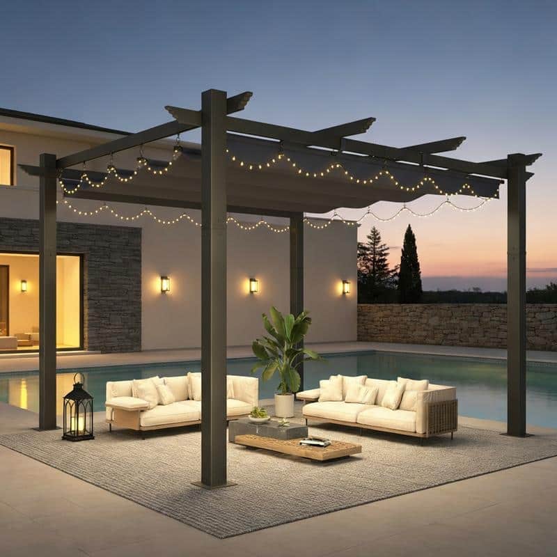 EROMMY 10' x 13' Outdoor Pergola with Retractable Canopy, Heavy-Duty Metal Frame and Adjustable Patio Shade Roof