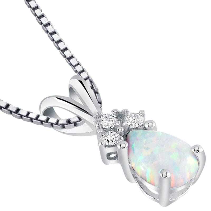 14k White Gold Gold Pear Shape Created Opal Diamond Pendant